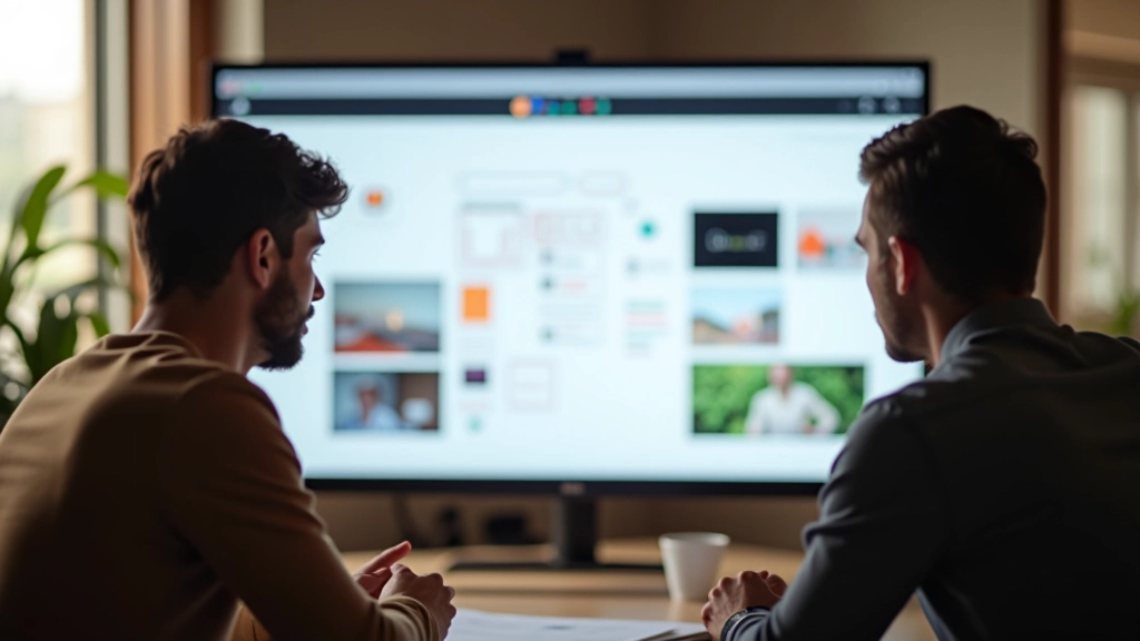Gruppo di persone che guardano uno schermo con mood board di immagini, discutendo composizione e coerenza visiva