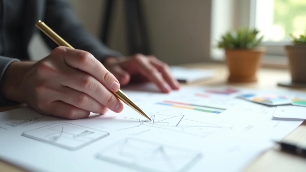 Designer professionista che misura proporzioni su wireframe web usando il compasso aureo, ambiente di lavoro creativo con sketches