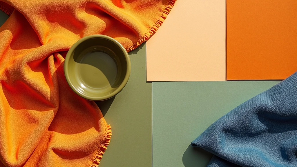 Palette colori mediterranea con toni terracotta, ocra, verde oliva e blu profondo su tessuti e superfici naturali