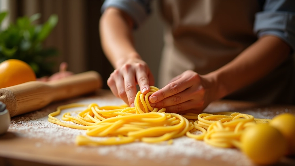 Mani che preparano pasta fresca artigianale su tavolo di legno, con farina e ingredienti tradizionali italiani, luce naturale calda