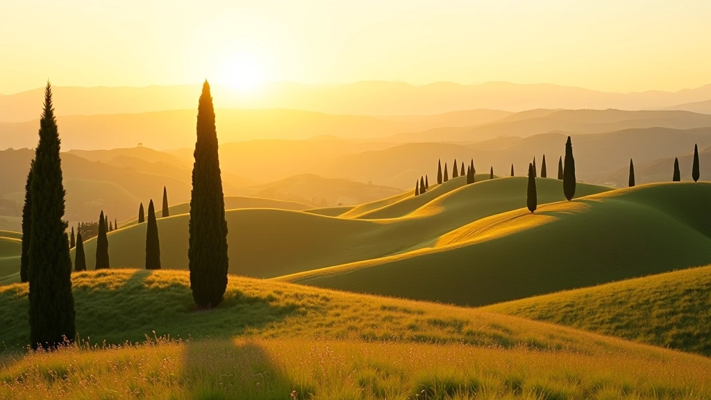 Griglia della regola dei terzi sovrapposta a una fotografia di paesaggio toscano, mostrando come posizionare gli elementi principali