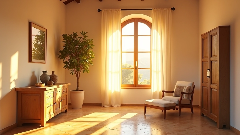 Scena mediterranea con luce dorata pomeridiana che entra da una finestra, illuminando texture naturali di legno antico e superfici bianche
