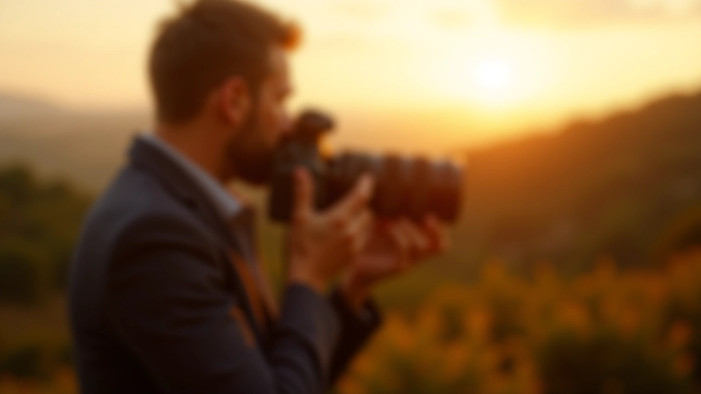 Fotografo con fotocamera DSLR che cattura paesaggio toscano con regola dei terzi