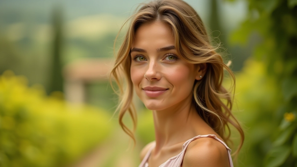 Ritratto di donna in giardino toscano, occhi allineati sulla linea orizzontale superiore della griglia