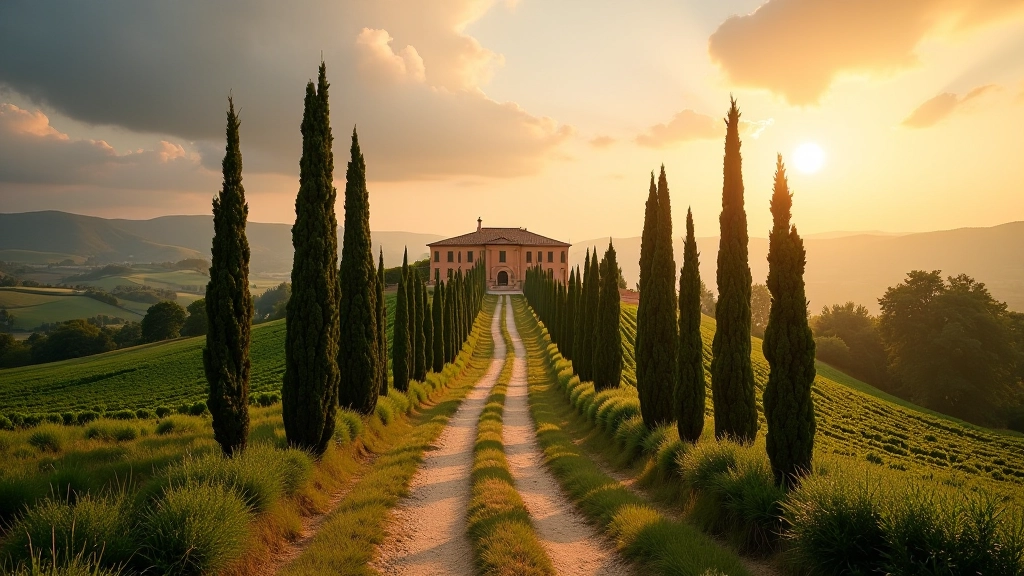 Fotografia di villa toscana con alberi di cipresso allineati sulla linea verticale destra della griglia, cielo nuvoloso