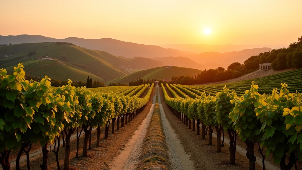 Paesaggio di vigneti toscani con intersezione di due linee della griglia evidenziata da una formazione rocciosa