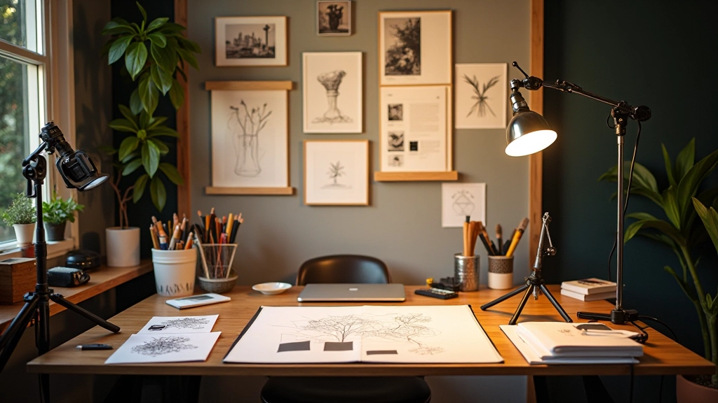 Studio di composizione visiva con tavolo di lavoro e immagini